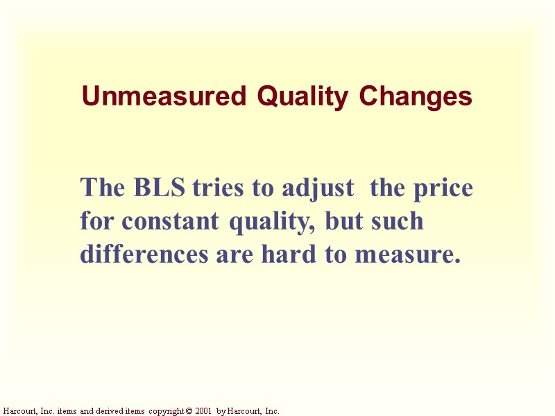 Unmeasured Quality Changes The BLS tries to adjust  the price for constant quality,